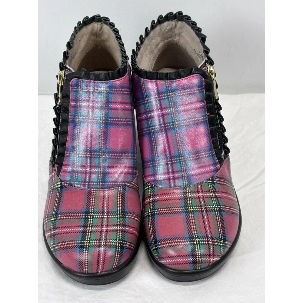 NEW! Alegria Hannah Tartan Bootie Sz 36 US 6.5? Women's Red Pink Plaid Zip Shoes